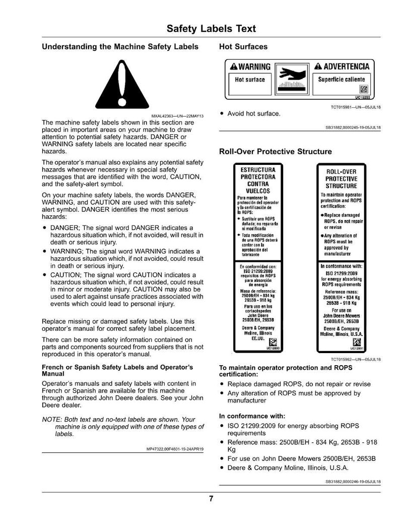 May include: A page from a manual with safety information. It includes warnings about hot surfaces and roll-over protective structures. Text in English and Spanish, with diagrams and safety symbols. Measurements are in kilograms.