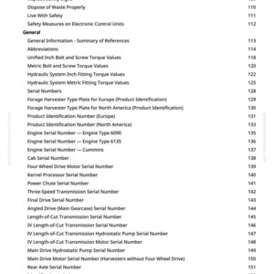 May include: A white page with a detailed table of contents, listing topics like "Service Tires Safely" and "Engine Serial Number - Cummins." Page numbers are on the right. The document appears to be a manual, likely for agricultural machinery.