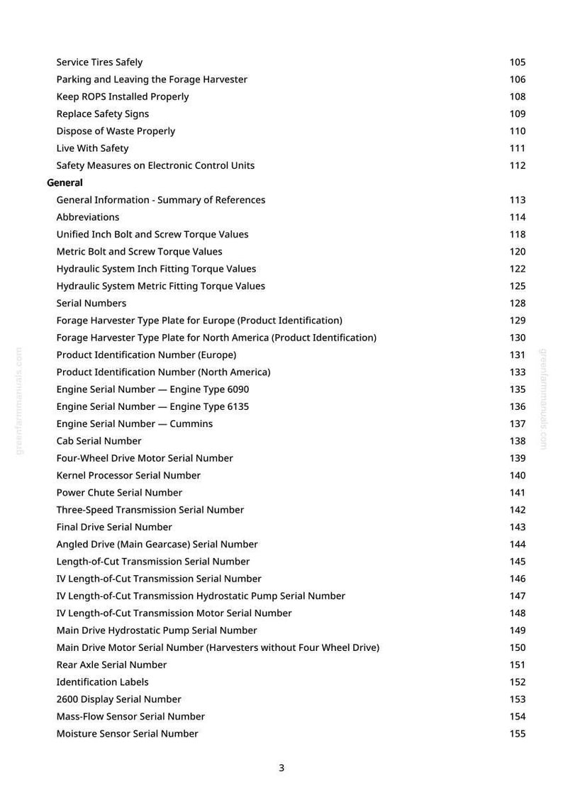 May include: A white page with a detailed table of contents, listing topics like "Service Tires Safely" and "Engine Serial Number - Cummins." Page numbers are on the right. The document appears to be a manual, likely for agricultural machinery.