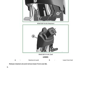 May include: Diagram showing two views of automotive parts. The top image shows retainers, labeled A, and the text "RXA0158114-UN: Retainers." The bottom image shows a cowl, labeled B, with the text "RXA0158115-UN: Cowl."
