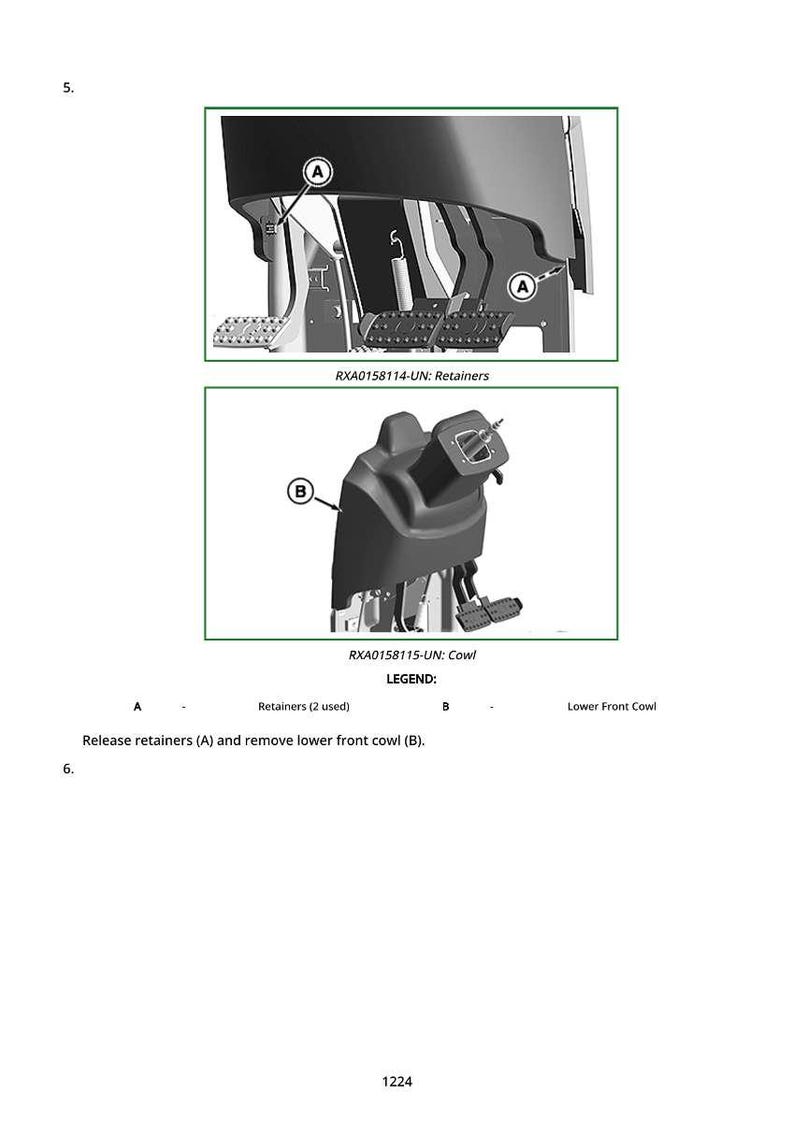 May include: Diagram showing two views of automotive parts. The top image shows retainers, labeled A, and the text "RXA0158114-UN: Retainers." The bottom image shows a cowl, labeled B, with the text "RXA0158115-UN: Cowl."