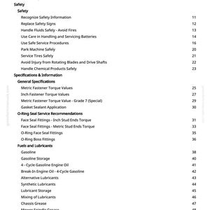 May include: A white page titled "Table of Contents" with a list of topics including safety, fuels, and lubricants. Page numbers are on the right. The document is from greenfarmmanuals.com.