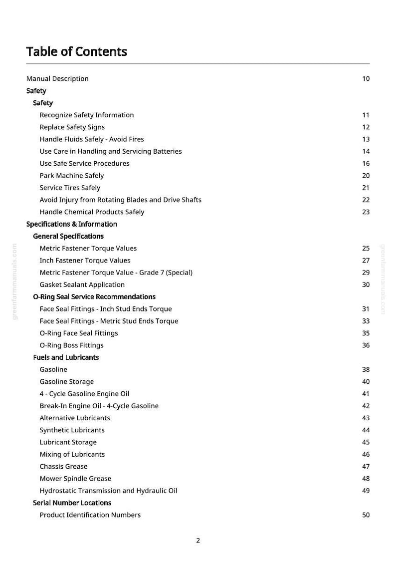 May include: A white page titled "Table of Contents" with a list of topics including safety, fuels, and lubricants. Page numbers are on the right. The document is from greenfarmmanuals.com.