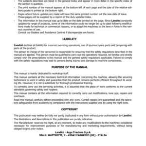 May include: A printed manual for Serie 6C tractors, produced by Landini. The manual includes sections on introduction, liability, purpose, and copyright. The edition is dated 03-2021. The manual is intended for workshop staff and servicing technicians.
