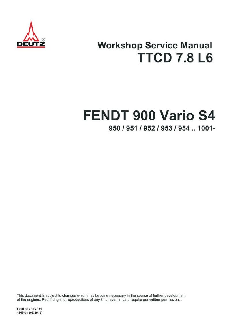 Pu&ograve; includere: Documento bianco con il logo DEUTZ e il testo "Workshop Service Manual TTCD 7.8 L6" e "FENDT 900 Vario S4". Include numeri di modello e un disclaimer sui cambiamenti del motore.