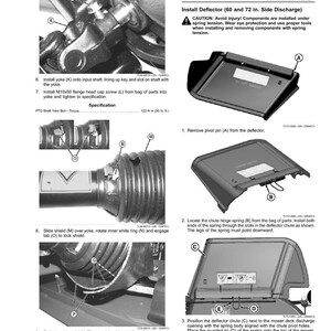 May include: Assembly instructions for a lawn mower deflector, including diagrams and steps for installation. The image shows various components, including a yoke, shield, and spring, with detailed instructions and safety warnings.