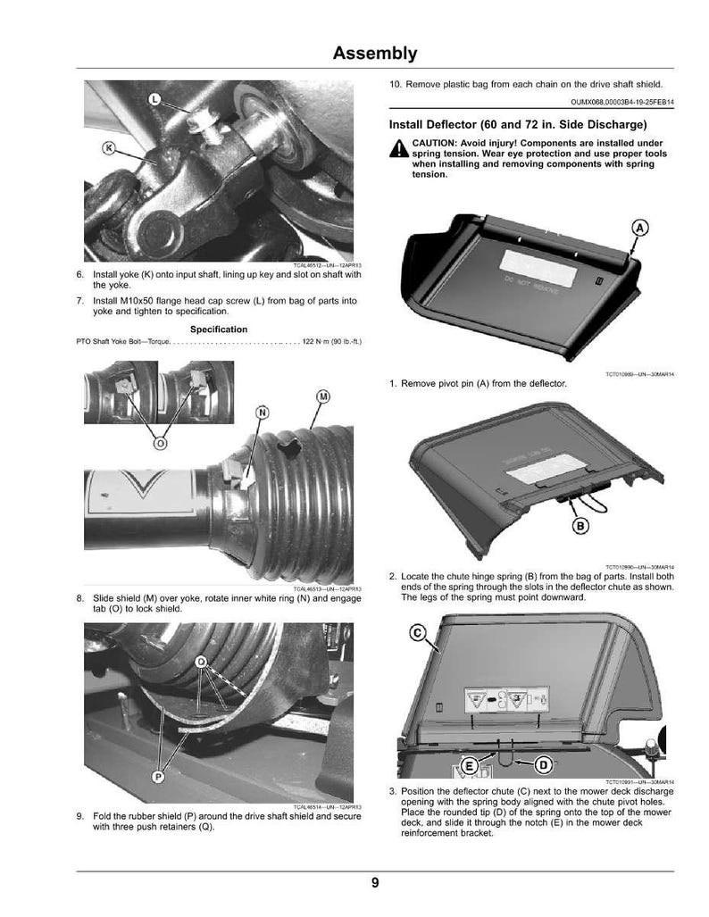 May include: Assembly instructions for a lawn mower deflector, including diagrams and steps for installation. The image shows various components, including a yoke, shield, and spring, with detailed instructions and safety warnings.