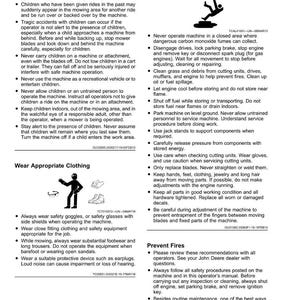 May include: Safety guidelines and maintenance instructions for machinery are displayed. The image includes warnings about children, clothing, and fire prevention. It also features illustrations of safety equipment and machine operation.