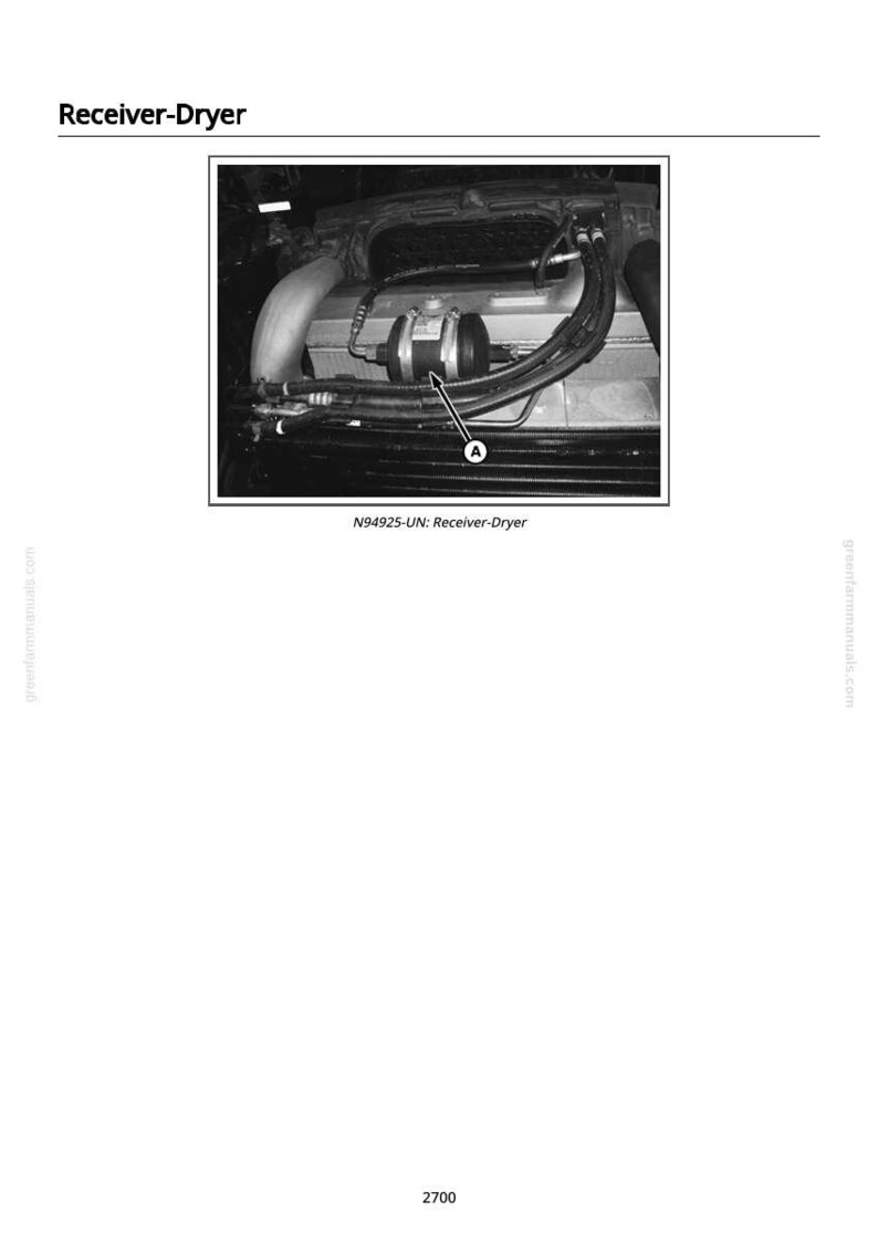 May include: Black and white image of a vehicle component labeled "Receiver-Dryer." The component is cylindrical with attached hoses and is located within the engine compartment. The text "N94925-UN: Receiver-Dryer" is also visible.
