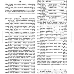 May include: An index page from a manual, displaying a table of contents with engine specifications, maintenance standards, and component listings. The text is arranged in columns and rows, with corresponding page numbers.
