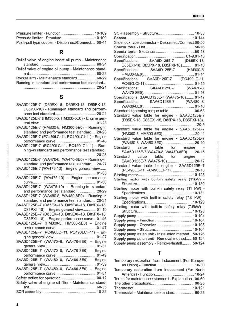 May include: An index page from a manual, displaying a table of contents with engine specifications, maintenance standards, and component listings. The text is arranged in columns and rows, with corresponding page numbers.