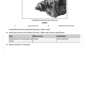 May include: Diagram of a differential drive shaft quill assembly with callouts for cap screws and other components. Includes a table with torque specifications of 38 lb-ft.