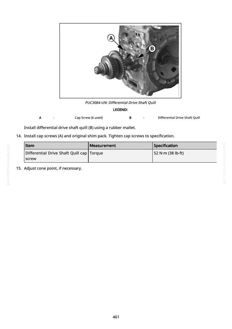 May include: Diagram of a differential drive shaft quill assembly with callouts for cap screws and other components. Includes a table with torque specifications of 38 lb-ft.