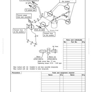May include: Diagram of grease piping connections for a cab assembly, including a pressure gauge, grease pump, and air hose. Text labels indicate connection points and component names. Includes a parts list and tightening torque specifications.