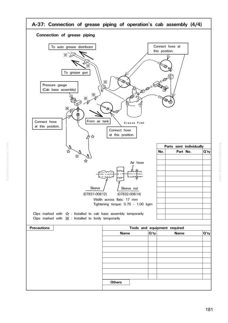 May include: Diagram of grease piping connections for a cab assembly, including a pressure gauge, grease pump, and air hose. Text labels indicate connection points and component names. Includes a parts list and tightening torque specifications.
