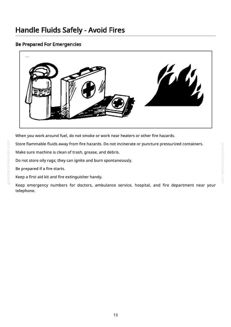 May include: Black and white illustration with text: "Handle Fluids Safely - Avoid Fires." Includes a fire extinguisher, first aid kit, and flames. Text advises on fire safety, including keeping a first aid kit and emergency numbers handy.