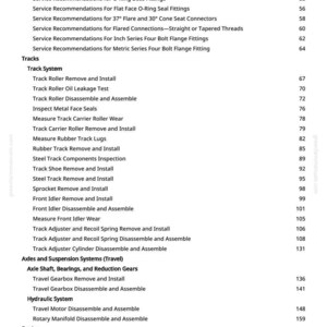 Pode incluir: Uma p&aacute;gina de manual com um &iacute;ndice. O texto inclui t&oacute;picos como "Track System", "Axles and Suspension Systems" e "Engine". Os n&uacute;meros das p&aacute;ginas est&atilde;o listados &agrave; direita.