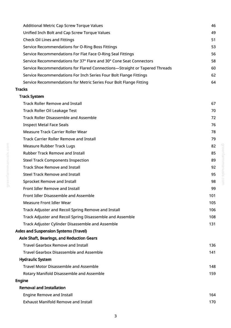 Pode incluir: Uma p&aacute;gina de manual com um &iacute;ndice. O texto inclui t&oacute;picos como "Track System", "Axles and Suspension Systems" e "Engine". Os n&uacute;meros das p&aacute;ginas est&atilde;o listados &agrave; direita.