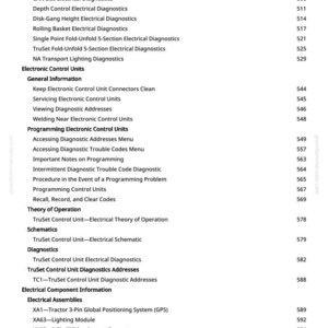 May include: A page from a manual with a white background, featuring a detailed table of contents. The text lists various diagnostic tests, electrical schematics, and control unit information, with corresponding page numbers.