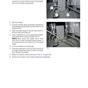 May include: A page from a Massey Ferguson manual illustrating how to bleed a tractor's brake system. The diagram shows the components and provides step-by-step instructions, including the use of flexible pipes and bleed plugs.