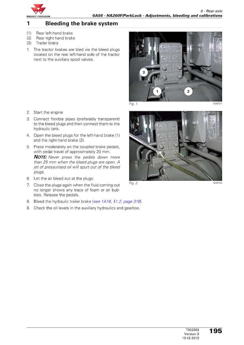 May include: A page from a Massey Ferguson manual illustrating how to bleed a tractor's brake system. The diagram shows the components and provides step-by-step instructions, including the use of flexible pipes and bleed plugs.
