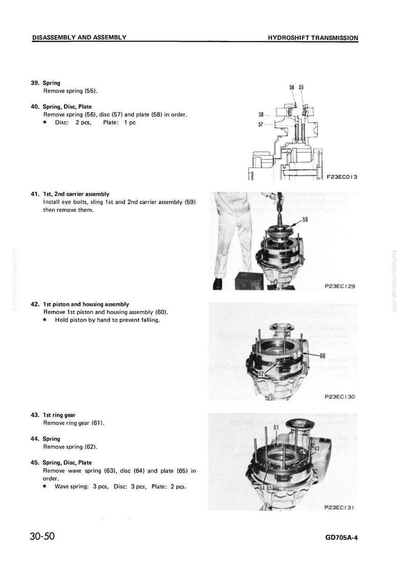 Pu&ograve; includere: Una pagina di un manuale che illustra lo smontaggio e il montaggio di una trasmissione Hydroshift. La pagina include diagrammi e istruzioni per la rimozione di molle, dischi, piastre e ingranaggi. Il testo include misure in pezzi.