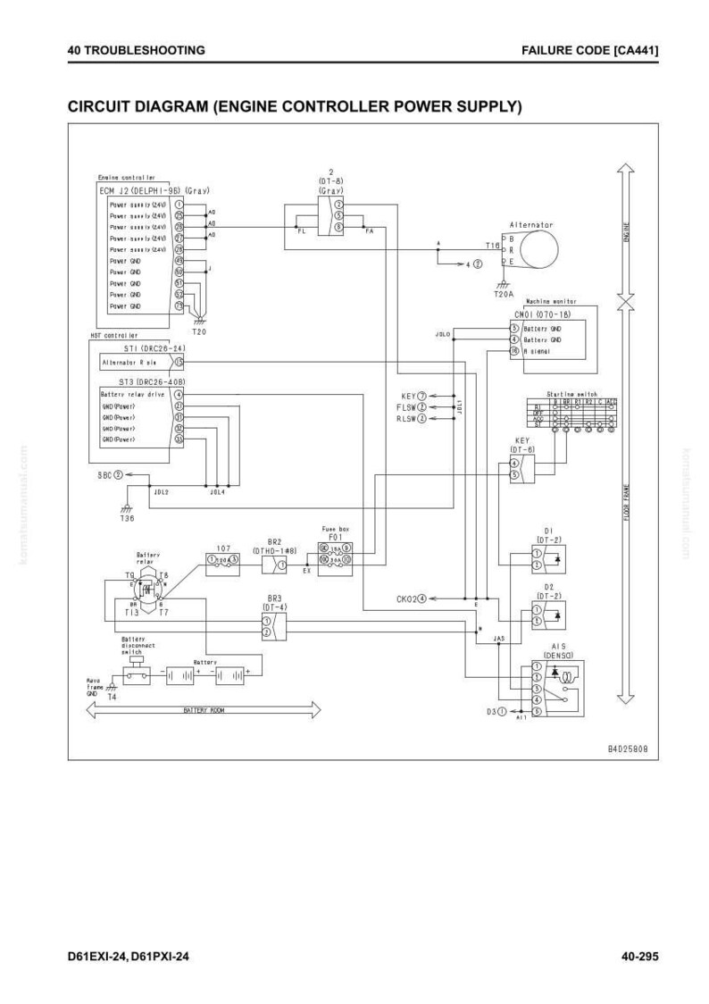 Puede incluir: Un diagrama de circuito detallado para una fuente de alimentaci&oacute;n del controlador del motor, con etiquetas y s&iacute;mbolos de componentes. El diagrama incluye texto como "Failure Code [CA441]" y "Circuit Diagram (Engine Controller Power Supply)".