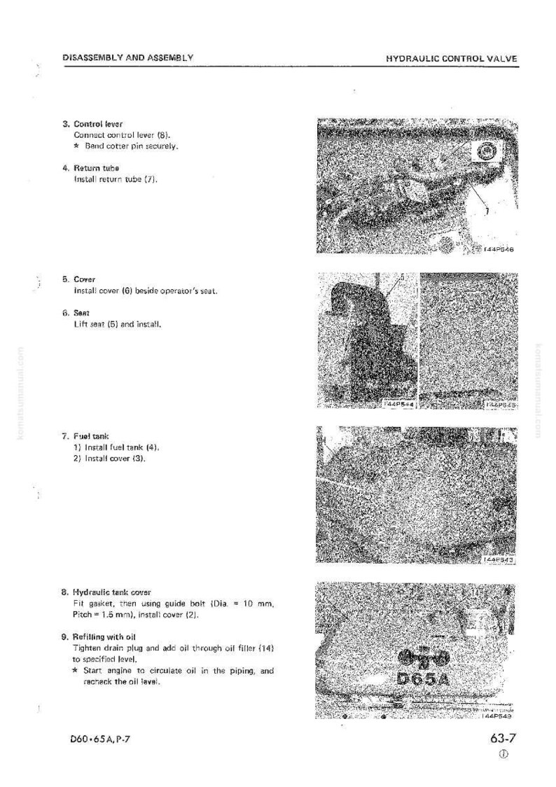 May include: A page from a manual titled "Disassembly and Assembly" with instructions for a hydraulic control valve. The page includes diagrams and text detailing steps such as installing a cover, seat, and fuel tank. The text includes the label "D60-65A, P-7".