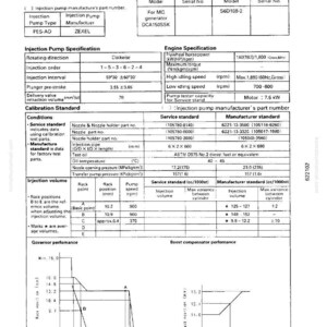 K&ouml;nnte beinhalten: Technische Diagramm mit Kalibrierungsdaten f&uuml;r eine Einspritzpumpe. Enth&auml;lt Spezifikationen f&uuml;r anwendbare Maschinen und Motoren sowie Service- und Herstellerstandards. Tabellen mit Messungen in cm und andere technische Details.