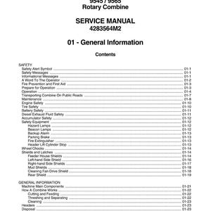 May include: A service manual for a Massey Ferguson Rotary Combine, model 9545/9565. The cover displays the title "SERVICE MANUAL" and "01 - General Information" with a detailed table of contents, including safety and general information.
