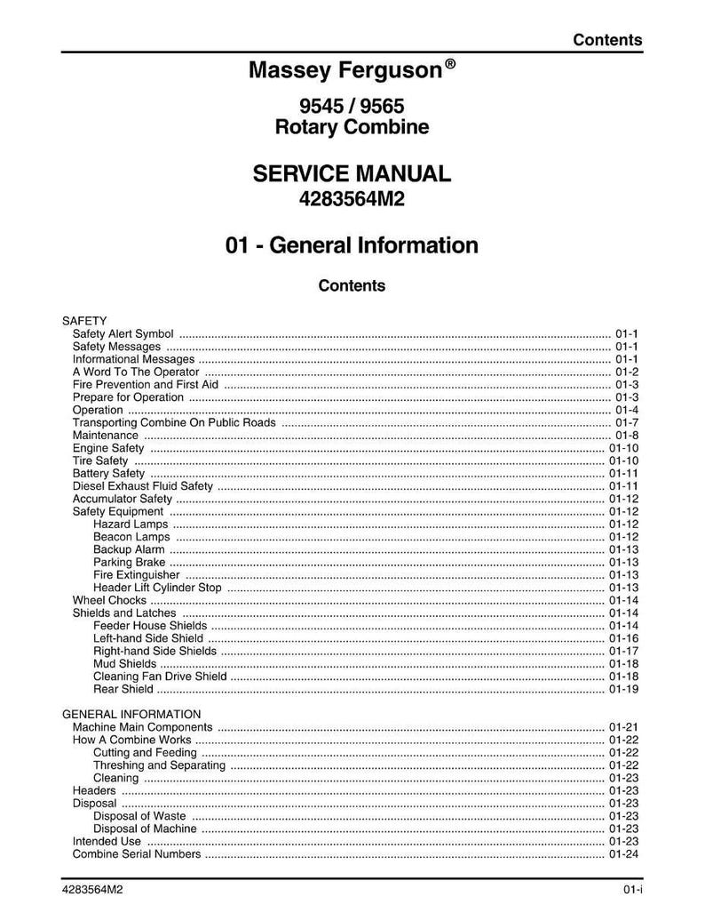 May include: A service manual for a Massey Ferguson Rotary Combine, model 9545/9565. The cover displays the title "SERVICE MANUAL" and "01 - General Information" with a detailed table of contents, including safety and general information.