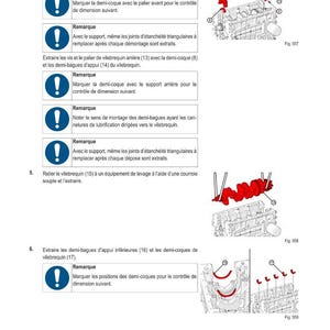 May include: Diagram of engine components with labels and instructions. The image includes illustrations of engine parts, including a crankshaft and bearings, with accompanying text in French. The text includes instructions for disassembly and reassembly.