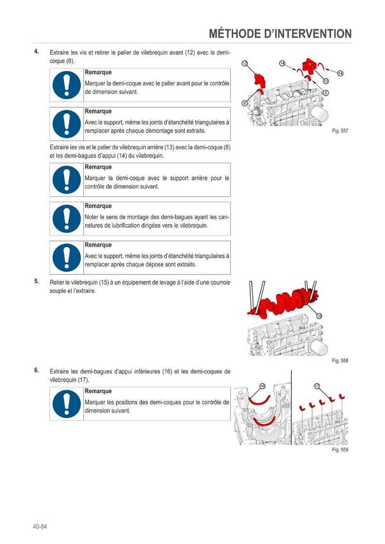May include: Diagram of engine components with labels and instructions. The image includes illustrations of engine parts, including a crankshaft and bearings, with accompanying text in French. The text includes instructions for disassembly and reassembly.