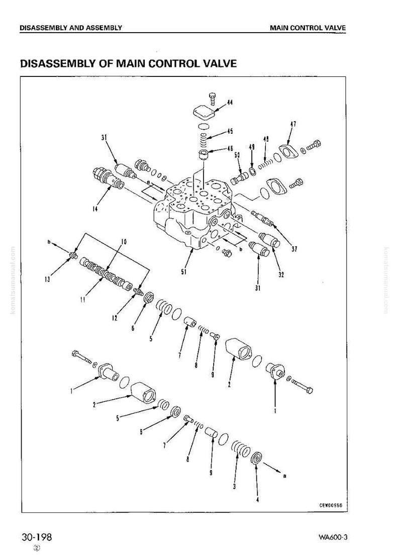 May include: Diagram of the disassembly of a main control valve, with various components labeled. The image is a technical illustration with detailed parts and assembly instructions. Text includes "DISASSEMBLY AND ASSEMBLY" and "MAIN CONTROL VALVE".