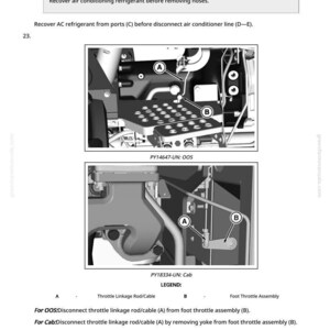 May include: Diagram of tractor components with labels A and B, and text instructions for removing heater lines and disconnecting throttle linkage rod/cable. Includes two detailed images with arrows pointing to specific parts.