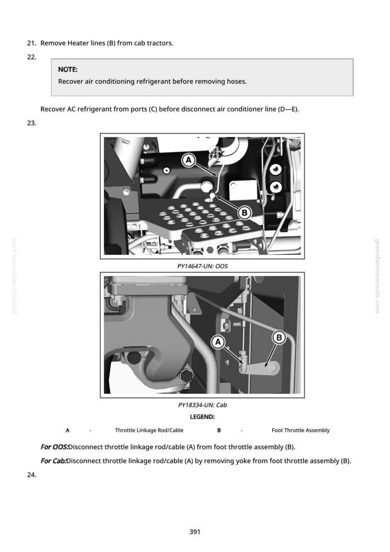 May include: Diagram of tractor components with labels A and B, and text instructions for removing heater lines and disconnecting throttle linkage rod/cable. Includes two detailed images with arrows pointing to specific parts.