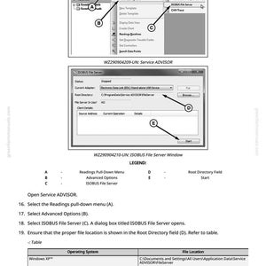 May include: Screenshot of a software interface showing menus and windows. The 'ISOBUS File Server' window displays settings for file location and adapter. Arrows highlight menu options and buttons within the interface.
