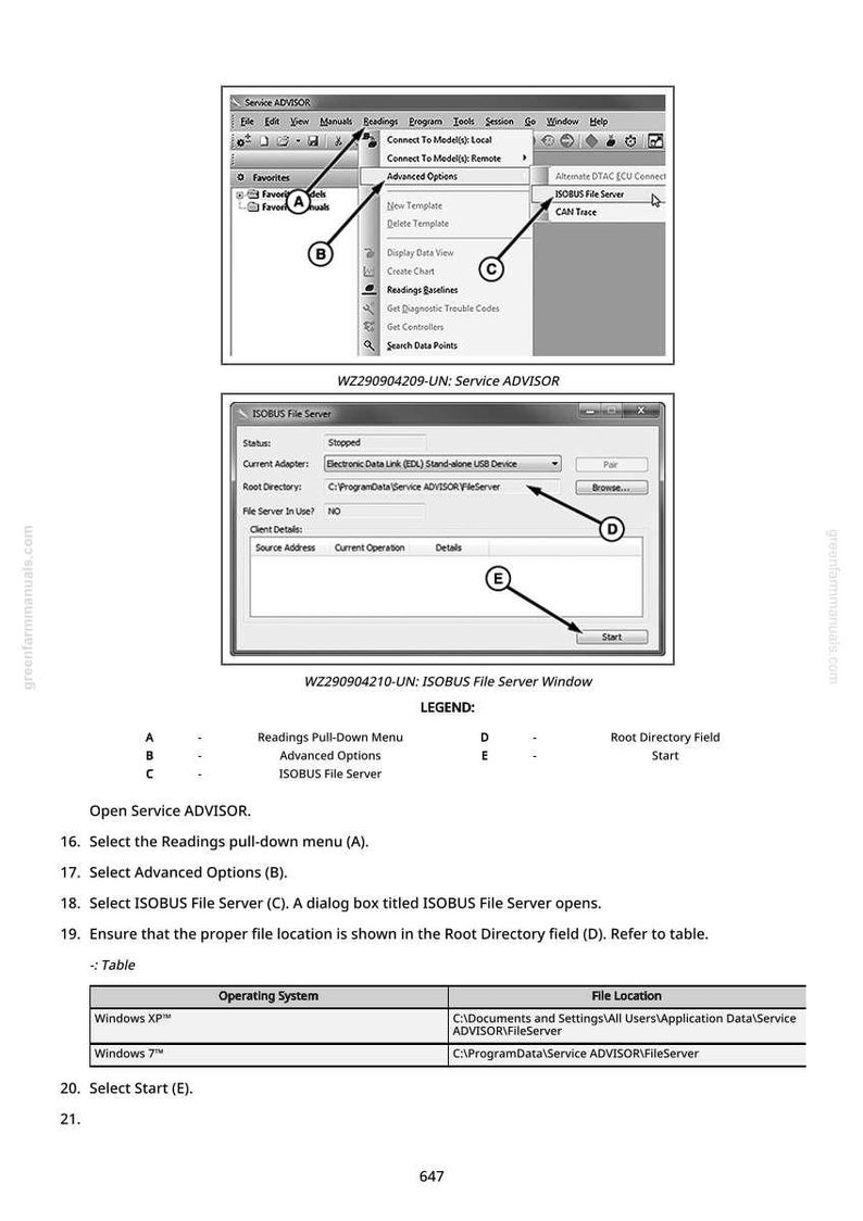 May include: Screenshot of a software interface showing menus and windows. The 'ISOBUS File Server' window displays settings for file location and adapter. Arrows highlight menu options and buttons within the interface.