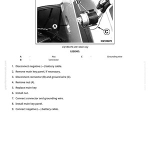 May include: Diagram illustrating the process of replacing a main key. The image shows a close-up of the key components, including a nut, connector, and grounding wire. Text includes instructions and a legend for the parts.