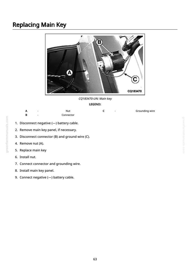 May include: Diagram illustrating the process of replacing a main key. The image shows a close-up of the key components, including a nut, connector, and grounding wire. Text includes instructions and a legend for the parts.