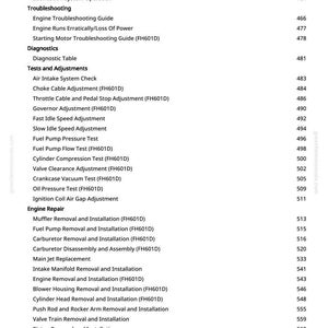 Pu&ograve; includere: Una pagina bianca di un manuale con un sommario. Il testo include "Teoria del funzionamento", "Risoluzione dei problemi", "Diagnostica", "Test e regolazioni" e "Riparazione del motore". I numeri di pagina sono elencati a destra.