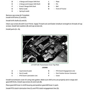 May include: Diagram of a transmission cover top plate with labeled parts. Includes cap screws, nuts, and PTO clutch lubrication line. Text provides installation instructions and part details.