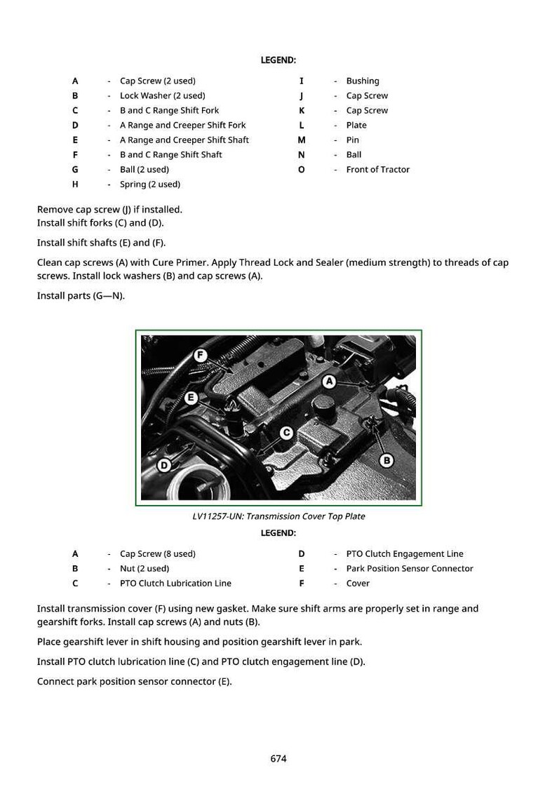 May include: Diagram of a transmission cover top plate with labeled parts. Includes cap screws, nuts, and PTO clutch lubrication line. Text provides installation instructions and part details.
