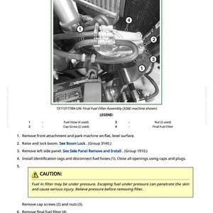 K&ouml;nnte beinhalten: Diagramm zur Demontage und Installation einer Endkraftstofffilterbaugruppe. Das Bild zeigt die Baugruppe mit nummerierten Teilen, eine Warnung vor Kraftstoffdruck und Anweisungen zum Aus- und Einbau des Filters.
