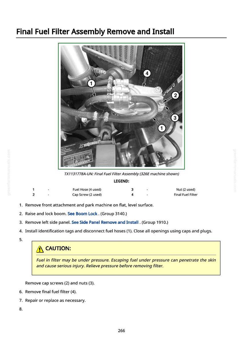 K&ouml;nnte beinhalten: Diagramm zur Demontage und Installation einer Endkraftstofffilterbaugruppe. Das Bild zeigt die Baugruppe mit nummerierten Teilen, eine Warnung vor Kraftstoffdruck und Anweisungen zum Aus- und Einbau des Filters.