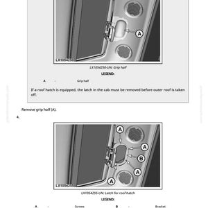May include: Diagram of a car roof component with labels and instructions. The image shows a close-up of a car's interior roof section, with labels indicating parts like "Grip half" and "Latch for roof hatch". The text provides steps for removing components.