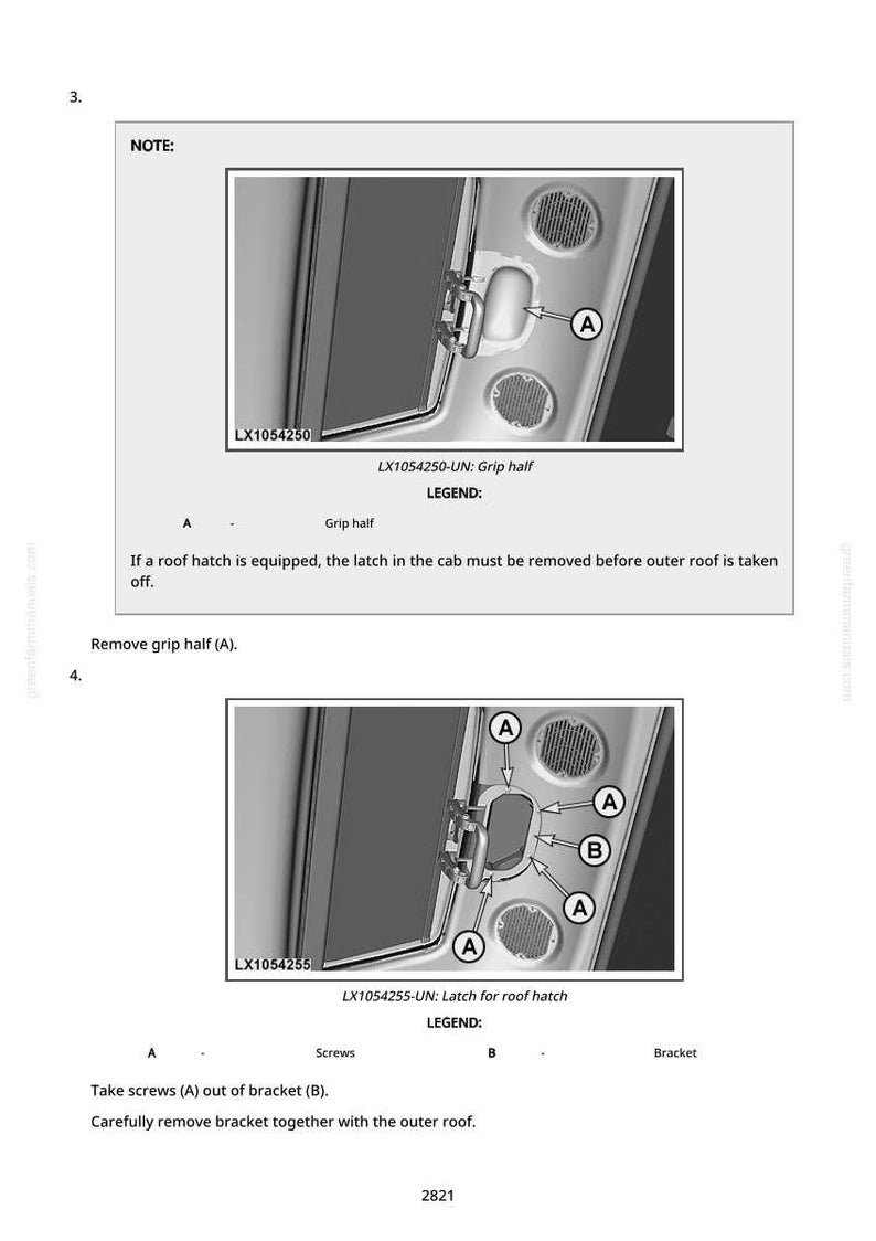 May include: Diagram of a car roof component with labels and instructions. The image shows a close-up of a car's interior roof section, with labels indicating parts like "Grip half" and "Latch for roof hatch". The text provides steps for removing components.