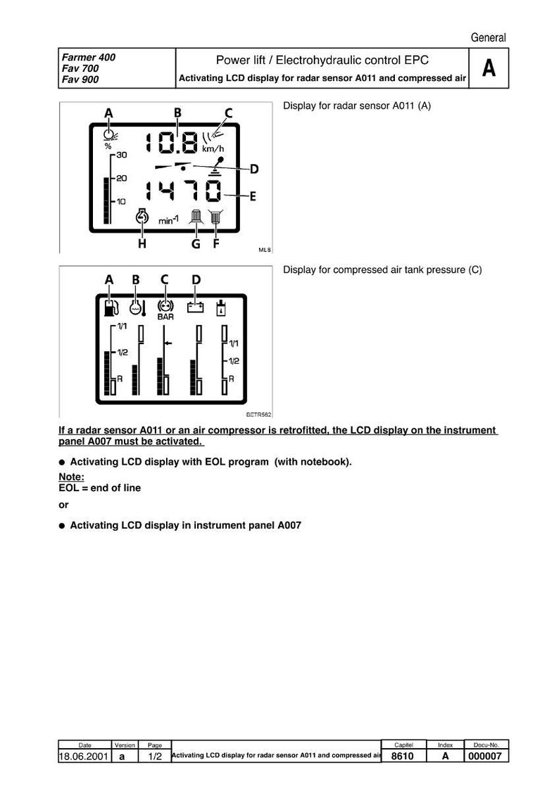 Peut inclure: Sch&eacute;ma d'un tableau de bord avec un &eacute;cran LCD affichant la vitesse et d'autres mesures. Le texte comprend "Power lift / Electrohydraulic control EPC" et "Activating LCD display for radar sensor A011 and compressed air."