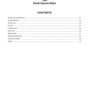 May include: A white page with the Massey Ferguson logo and text for a small square baler manual. The text includes "CONTENTS" and a list of topics such as "GENERAL INFORMATION" and "ADJUSTMENTS."