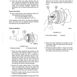 May include: Technical diagram with instructions for clutch and pulley installation. Includes figures 4-20 and 4-21, detailing steps with tools like a bearing installer and universal handle. Text includes ohm check specifications.